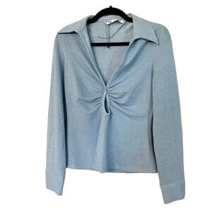 Zara Button Front Ruched Cutout Long Sleeve Light Blue Sparkle Top Size M NWOT